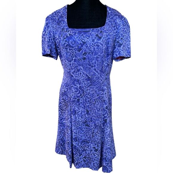 Vintage Purple Floral Silk Dress Size 10 Modest Short Sleeve Square Neck - Picture 1 of 6
